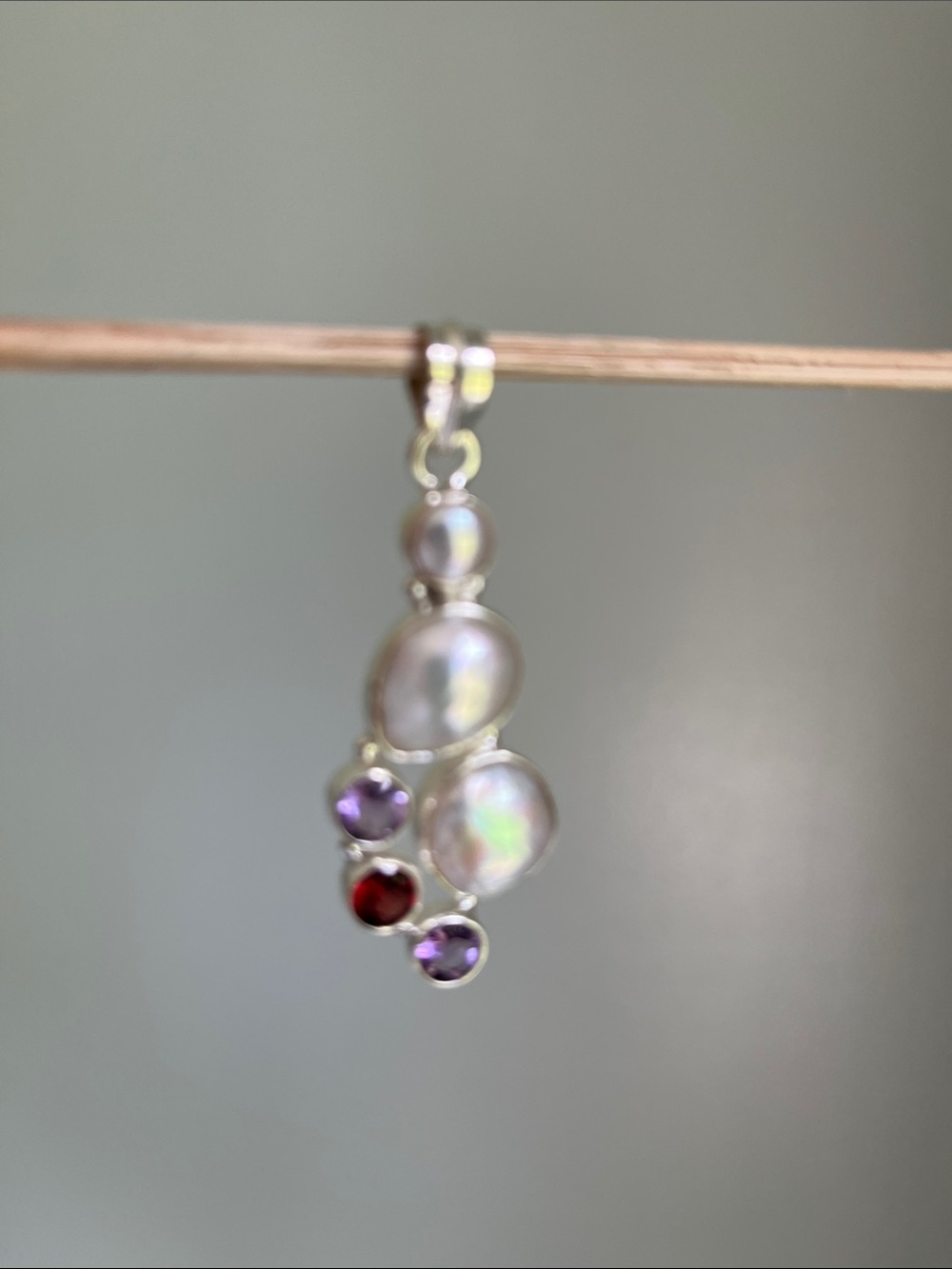 Sterling Silver Pearl and Gemstone Drop Pendant in White and Purple